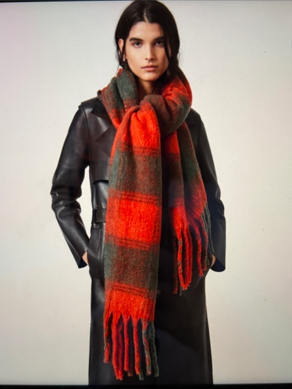 AllSaints Oversized Plaid Fringe Scarf in Orange and Green